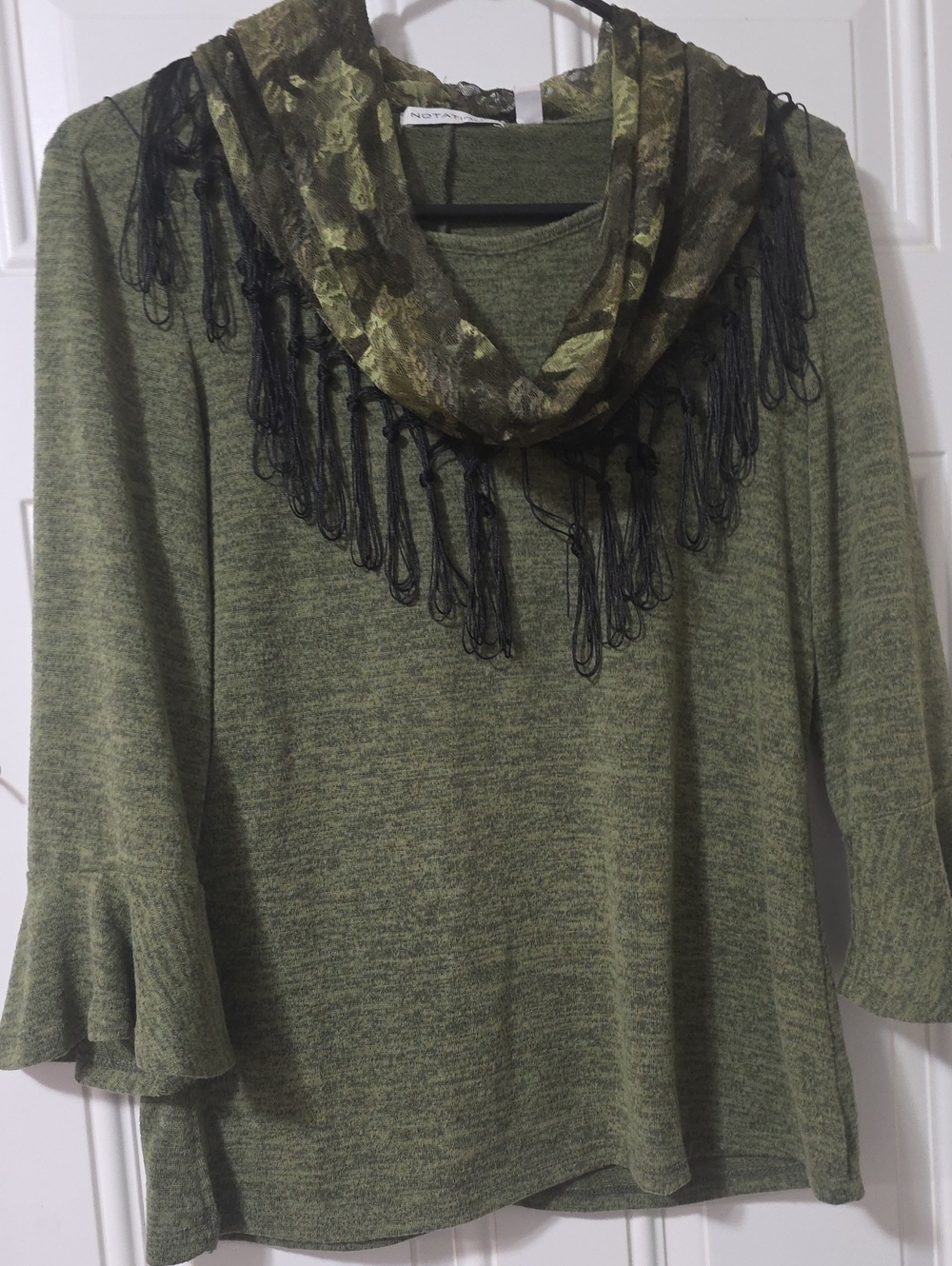 Notations Olive Green Knit Top with Decorative Scarf Trim